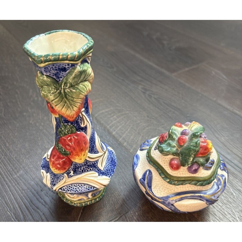 Vintage Fitz & Floyd Florentine Fruit 7” Bud Vase + Trinket Bowl